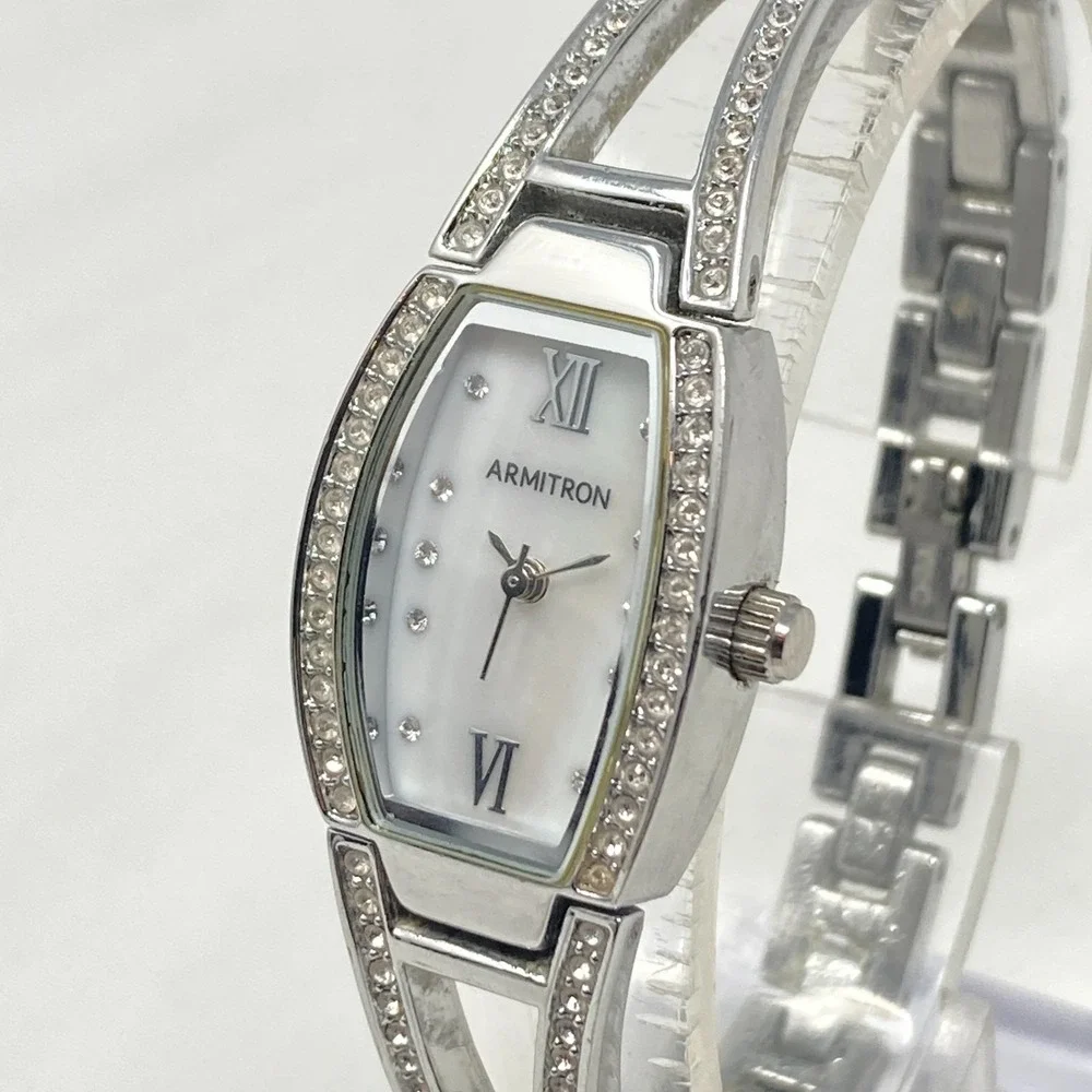 Armitron Watch Women 18mm Silver Tone Crystals Bling MOP Dial New Battery 6.5